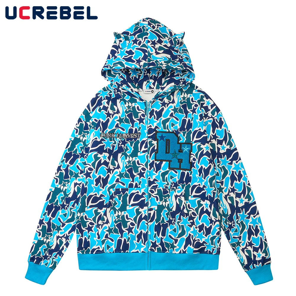 

Camouflage Fleece Hooded Sweatshirts Mens Autumn Winter Loose Casual Letter Embroidery Pocket Zipper Outerwear Men Streetwear