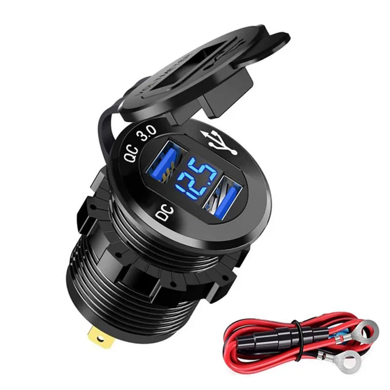 

Быстрая зарядка QC3.0, автомобильное зарядное устройство с двумя USB-портами, с дисплеем напряжения, модифицированное женское автомобильное зарядное устройство, водонепроницаемое