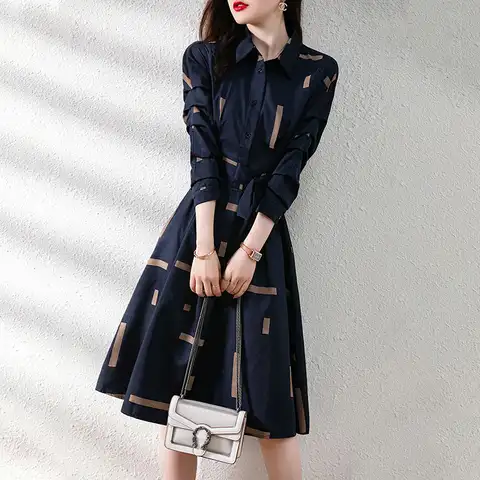 Fashion Temperament Simple Slim Fit Waist Print Dress Women's Sweet Foldover Collar Long Sleeve Single Breasted Casual Dress