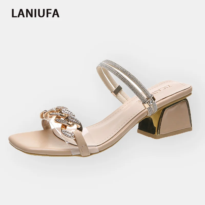 

2022 New Women Chain Crystal Chunky Slippers Designer Luxury Sandals Summer Women Heels Shoes Prom Pumps Slingback Dress Slides