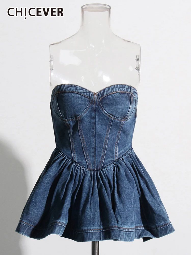 

CHICEVER Sleeveless Patchwork Ruched Tops For Women Slash neck slim Denim Tank Top Female Fashion Sexy Clothing autumn 2022 new