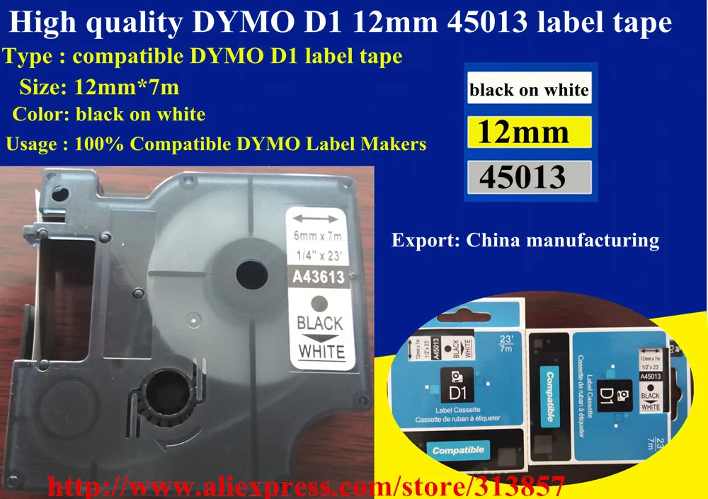 

High quality DYMO D1 12mm 45013 label tape black on white DYMO tape cartridge dymo tape 45013 for dymo printer