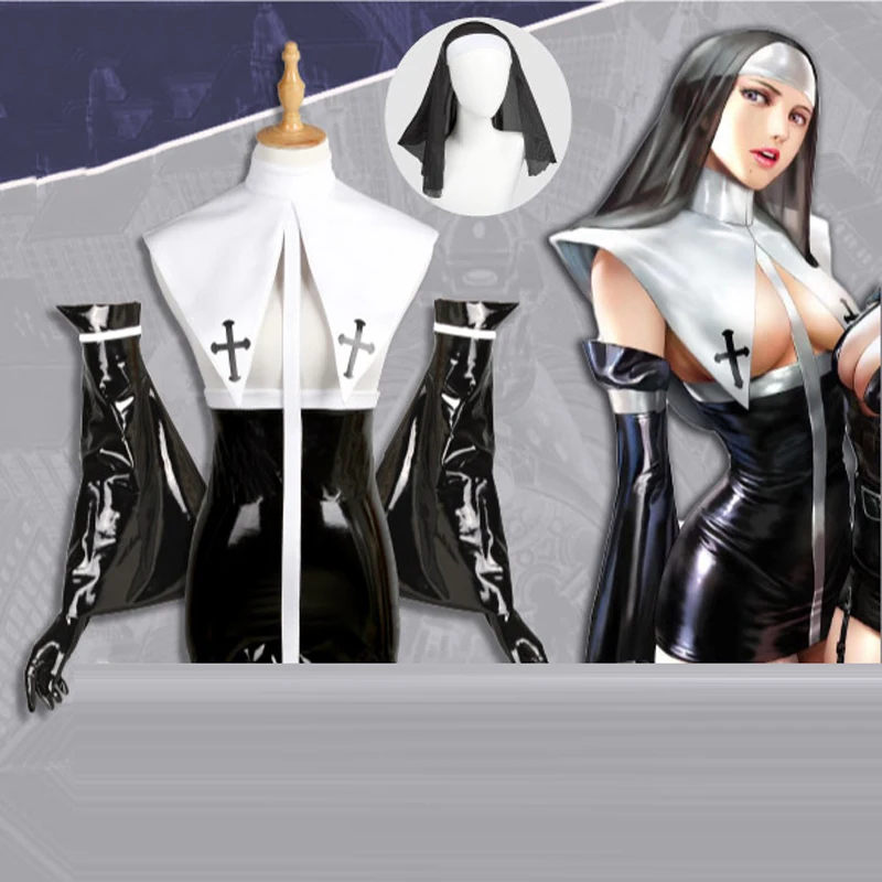 

Original Design Cos Nun Costume Leather Leotard Elastic Black Photo Outfits Uniform Sexy Anime Tight Dress Uniform Secret Suits