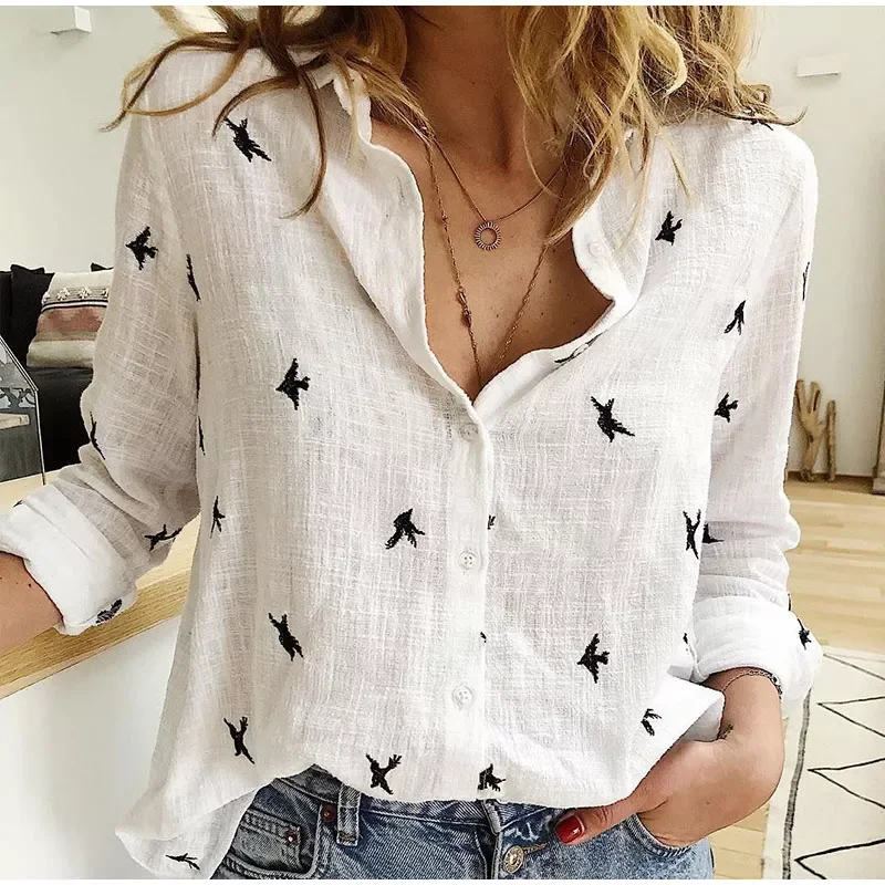 

Women's Birds Print Shirts 35% Cotton Long Sleeve Female Tops 2020 Spring Summer Loose Casual Office Ladies Shirt Plus Size