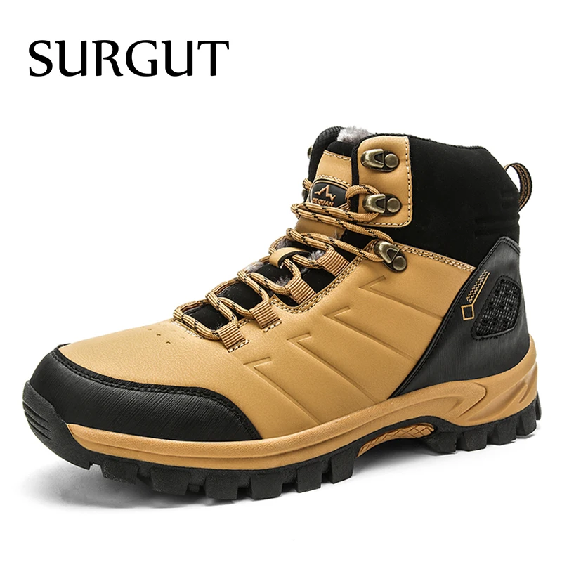 

SURGUT New Winter Men's Boots Fashion Leather Thick Plush Warm Snow Boots Outdoor Handmade Ankle Motorcycle Boots Big Size 46
