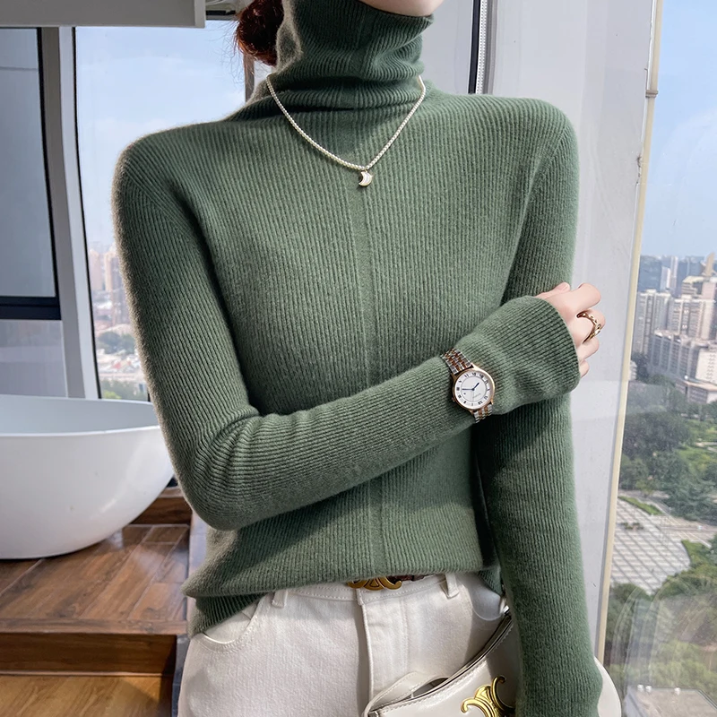 Новинка Осень-Зима Женский облегающий свитер с высоким воротом из 100% чистой