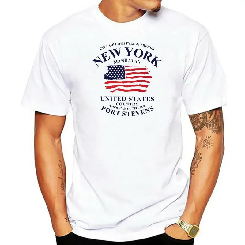 

Новинка, модная футболка, Нью-Йорк, Манхэттен, флаг США, Мужская футболка с коротким рукавом и круглым вырезом, Американская футболка для отд...