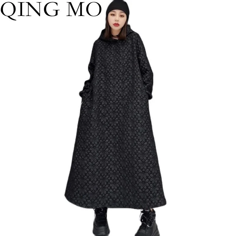 

QING MO 2023 Autumn Winter New Leisure Jacquard Craft Hooded Dress Women Pure Color Large Size Pullover Dress Black ZWL2082