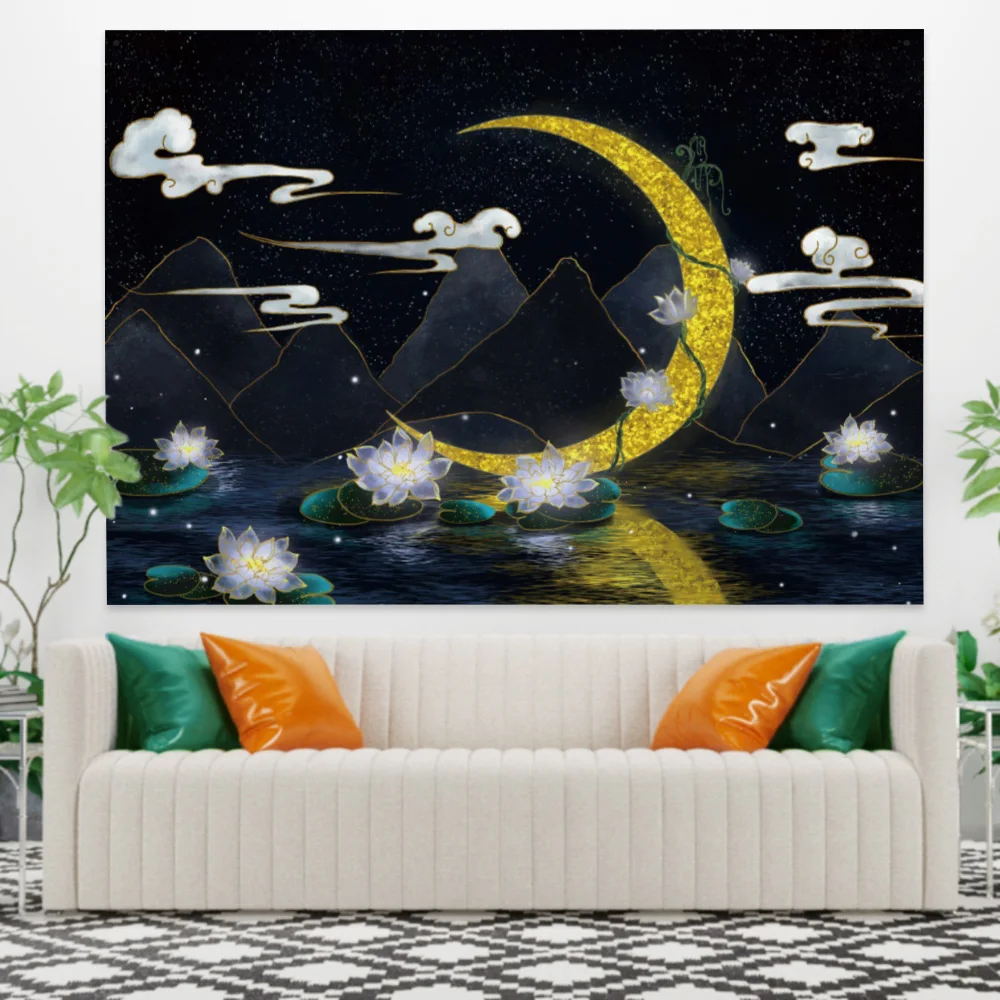

Aesthetic Moon Moountain Lotus Tapestry Aesthetic Fantastic Wall Hanging Bedroom Living Room Dorm Home Study Decoration Blankets