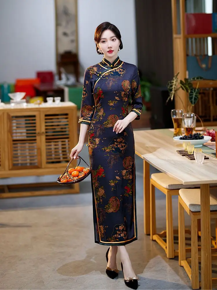 Spring Elegant Seven Points Sleeve Printed Satin Long Qipao Mandarin Collar Cheongsam Chinese Women Dress