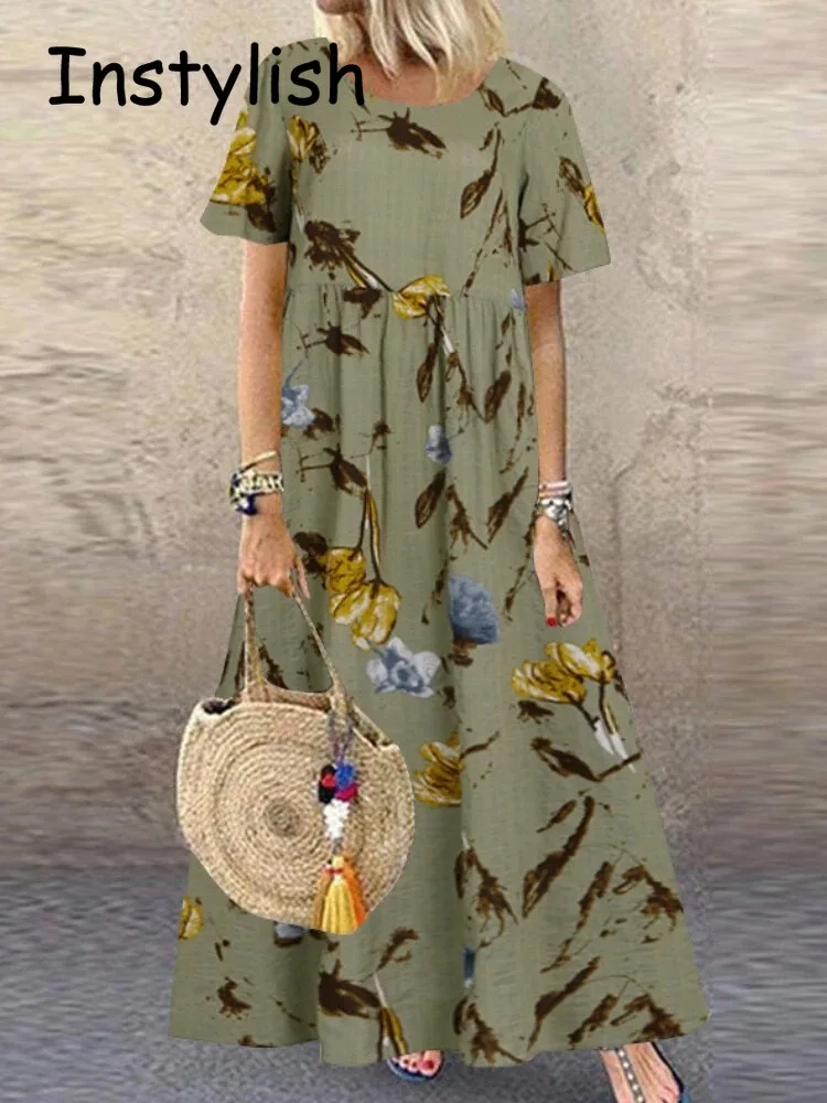 Винтажное платье-макси с цветочным принтом коротким рукавом и круглым вырезом -