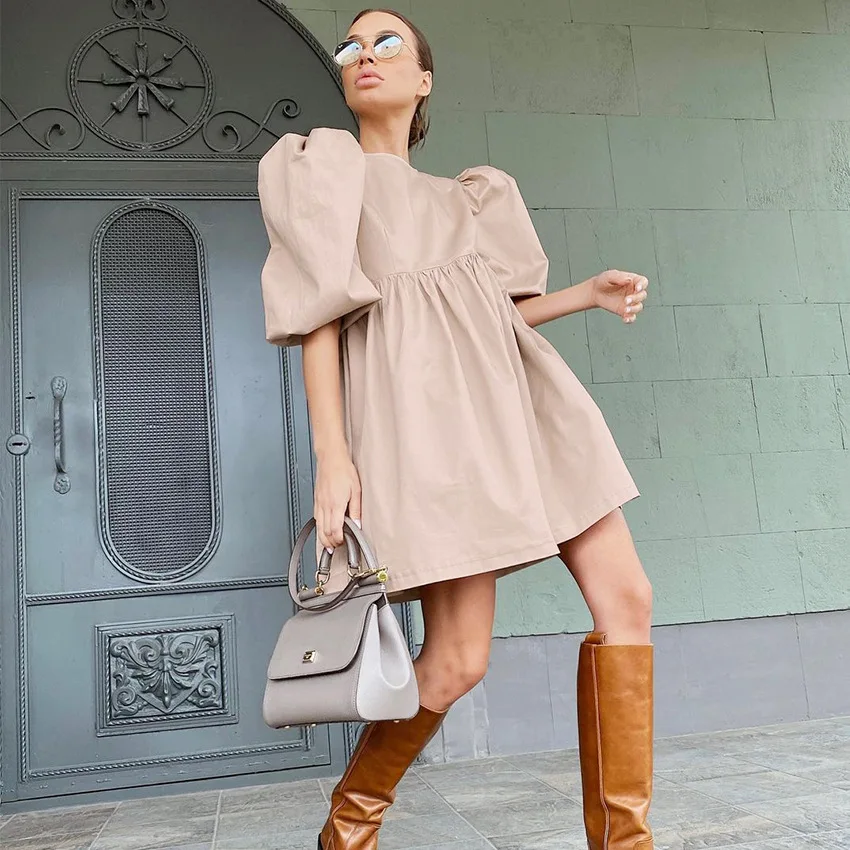 

Women Mini Dress Casual O-neck Lantern Sleeve Loose A-line Streetwear Dress Female Elegant Simple Solid Party Dress Summer 2022