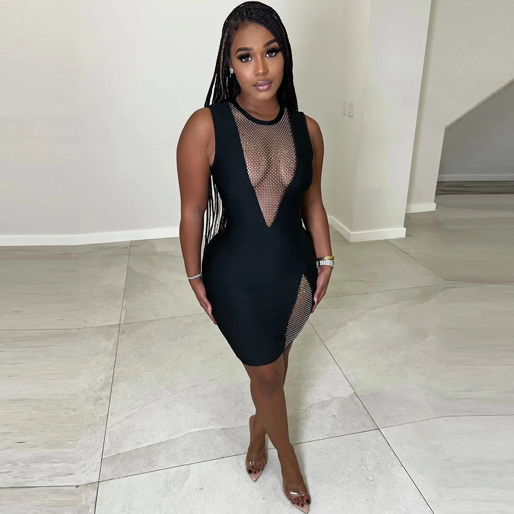 

wsevypo See-through Hollow Out Wrap Dress Sexy Women Black Sleeveless Bodycon Sheath Dress Party Clubwear Mesh Spliced Dress