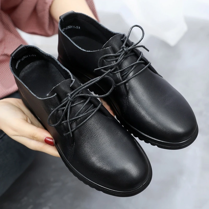 

Girls Cowhide Comfortable Soft Sole Black Casual Shoes Ladies Genuine Leather Office Work Shoes Lace Up Footwear Large Size