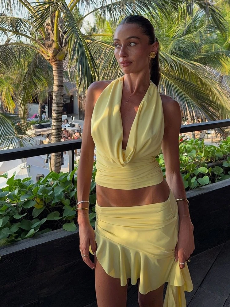 Whatiwear элегантный комплект из 2 предметов с рюшами женские укороченные топы лямкой