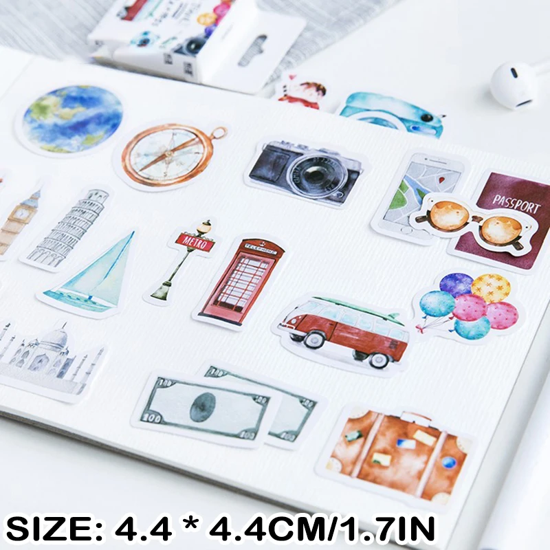 

Set of 46 Scrapbooking Supplies Travel Series DIY Album Diary Decor Sticker Watercolor Style Decal Collection Scrapbooking