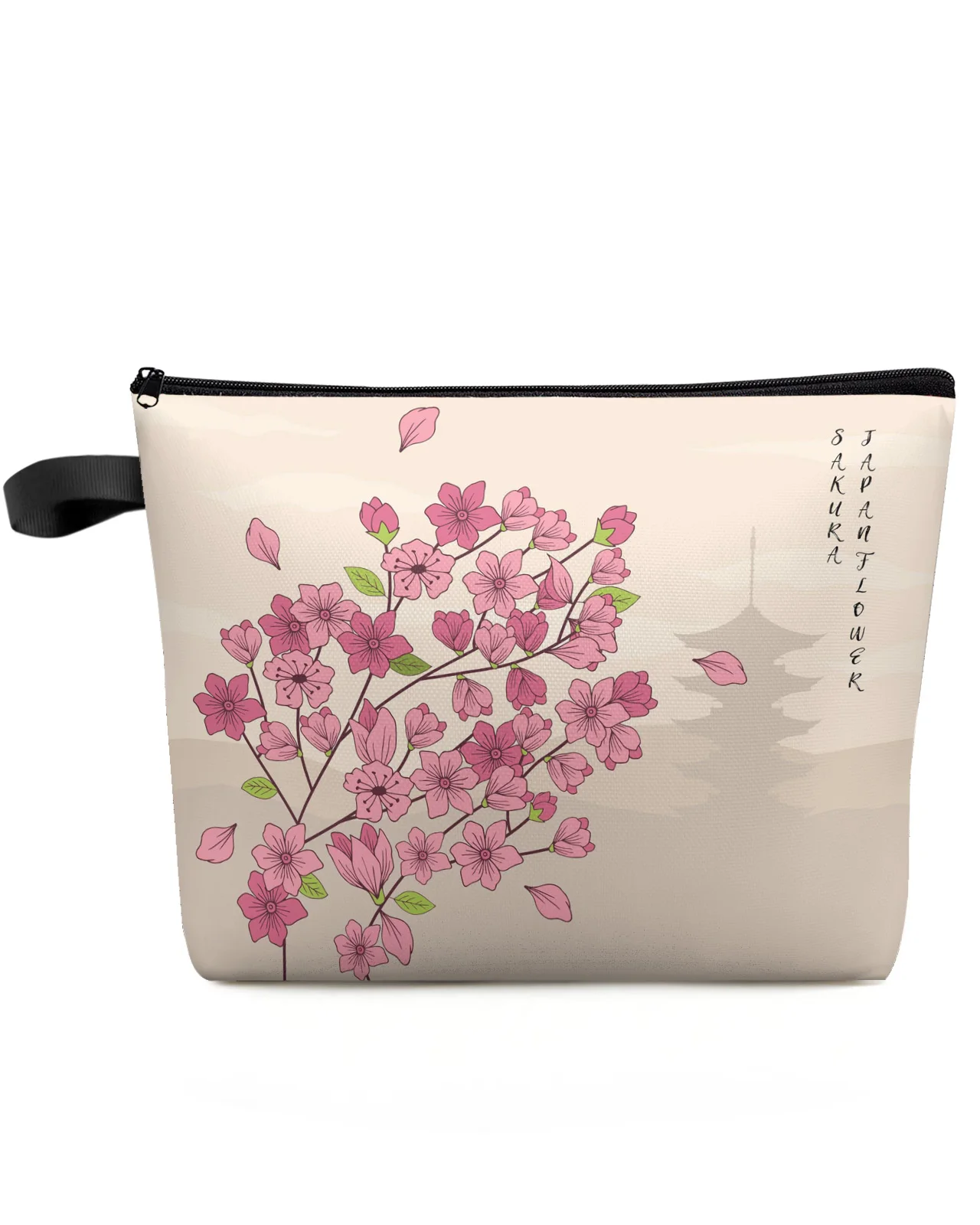 

Cherry Blossom Flower Tower Japanese Custom Travel Cosmetic Bag Portable Makeup Storage Pouch Women Waterproof Pencil Case