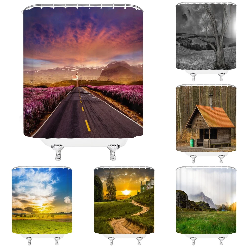 

Country Road Sunset Scenery Shower Curtain Rural Field Grassland Forest Trees Waterproof Fabric Bath Curtains For Bathroom Decor