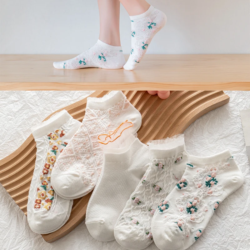 

Womens Lolita Lace Socks Ruffle Turn-Cuff Low Cut Ankle Socks All Season Soft Cotton Orange Flower Lettuce Dress Sock