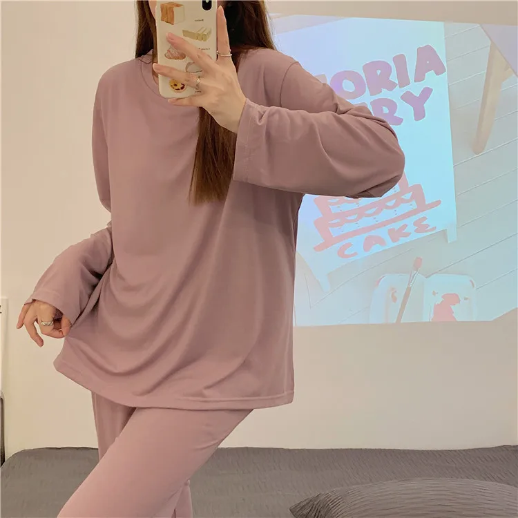 CAIYIER Autumn Winter Nightwear Solid Color O-Neck Long Sleeve Sleepwear Suit Girls Korean Chic Simple Pajama Set With Chest Pad