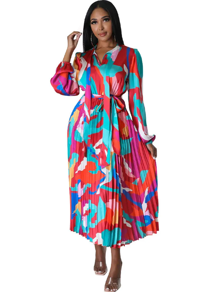 

Sexy Birthday Party Beach Prom Long Pleated Print Dress With Belts Drawstring Night Club Outfits Women Wedding And Evening Gowns