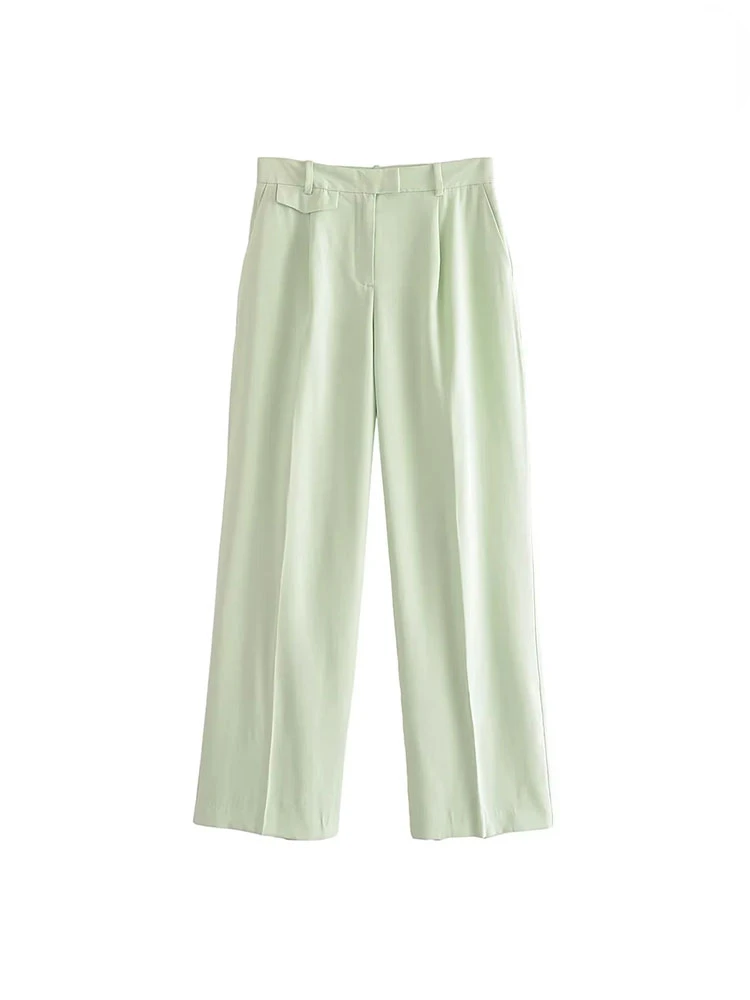 

TRAF Pants Women Fashion Side Pockets Front Darts Wide Leg Vintage High Waist Zipper Fly Female Casual Trousers Mujer Suit Pant