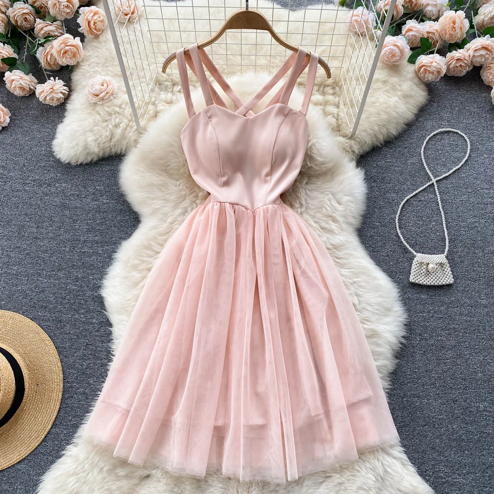 

Sweet Temperament Design Sense Suspender Dress Feminine Temperament Mesh Polka Dot A Word With Waist Princess Tutu Skirt