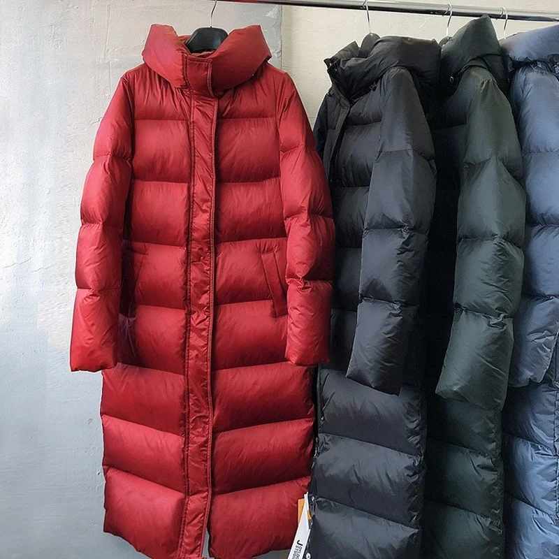 Women Coats Hooded Down Jacket with Thick Fluffy White Goose Down and Long Over-the-knee Winter Warm Jacket