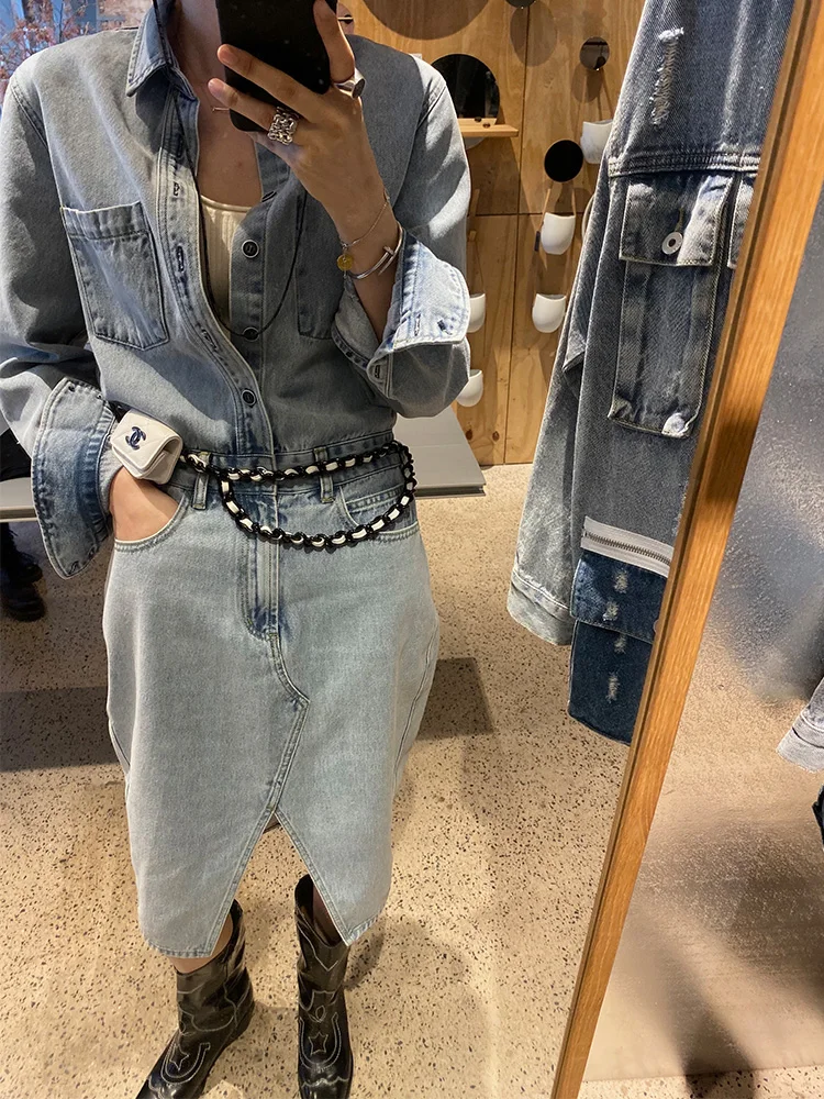 

Женское джинсовое платье с длинным рукавом, светло-голубое дизайнерское роскошное платье в стиле Харадзюку, весна-лето 2021