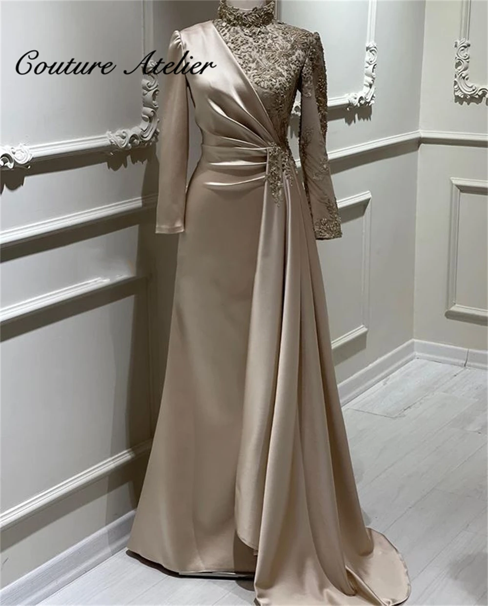 

Elegant Turkey Satin Muslim Evening Dresses Long Sleeve Luxury Party Dress 2022 Dinner Gowns High Neck A Line With Cape Beaded