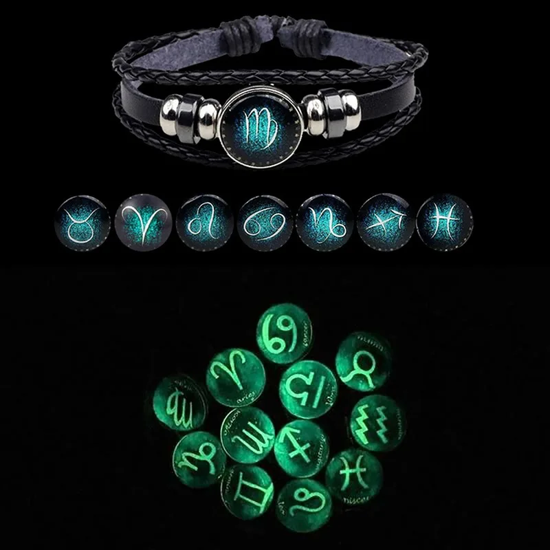 

Luminous 12 Zodiac Signs Bracelet Glow In The Dark Constellation Glass Cabochon Snap Button Leather Bracelets Birthday Gifts