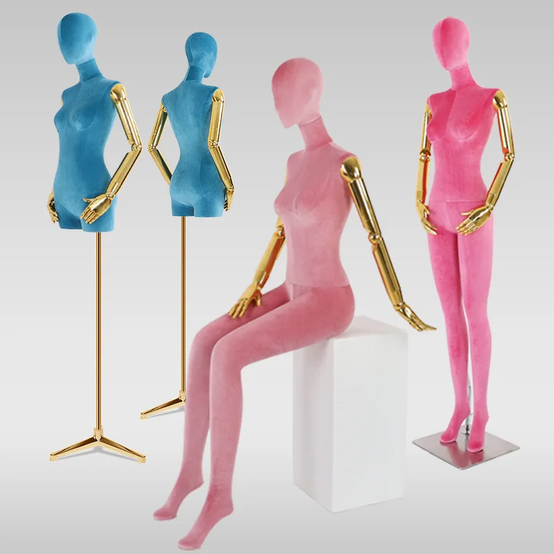 Dress Form Fabric Cover Female Full&Half Body Mannequin with Eletric Plated Arm Iron Stand Hip Torso For Window Clothing Display