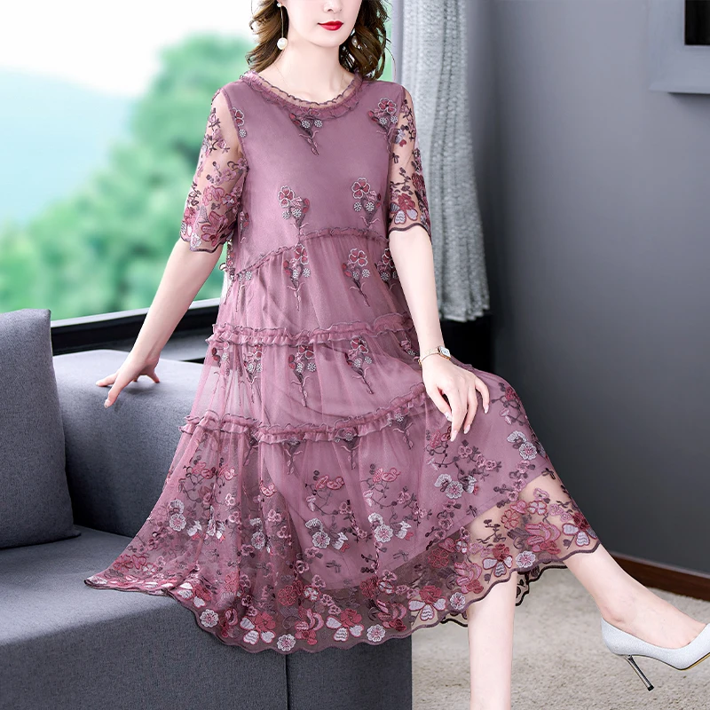 

Spring Summer Dress Women's Size Elegant Mesh Middle Sleeve Stretchy Bodycon Dress Lace Embroidered Long Style Dresses