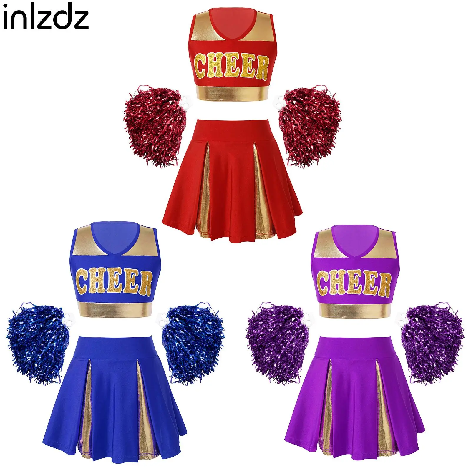 

inIzdz Kids Girls 6-14 2Pcs Cheerleading Set Sleeveless V Neck Letters Printed Crop Tops with Pleated Skirts and Flower Balls
