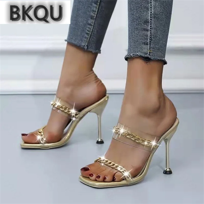 

2022 summer new sandals women's large size high heels women's metal chain ultra-high stilettos square toe sandals slippers