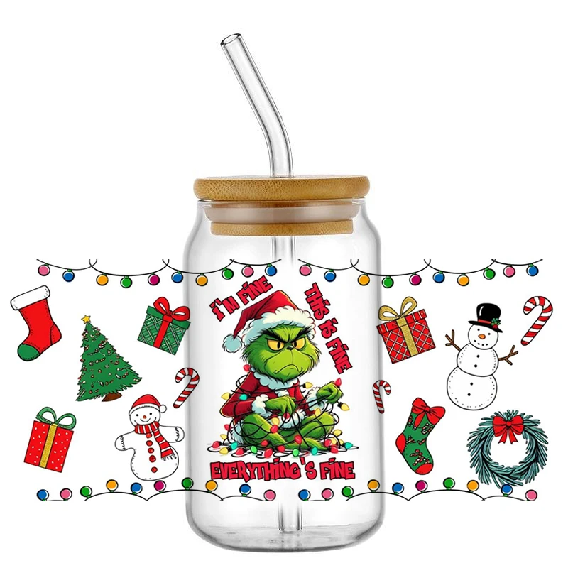 Minoso мультфильм Санта-обертка 3D Рождественский череп УФ-наклейка DTF для 16 унций