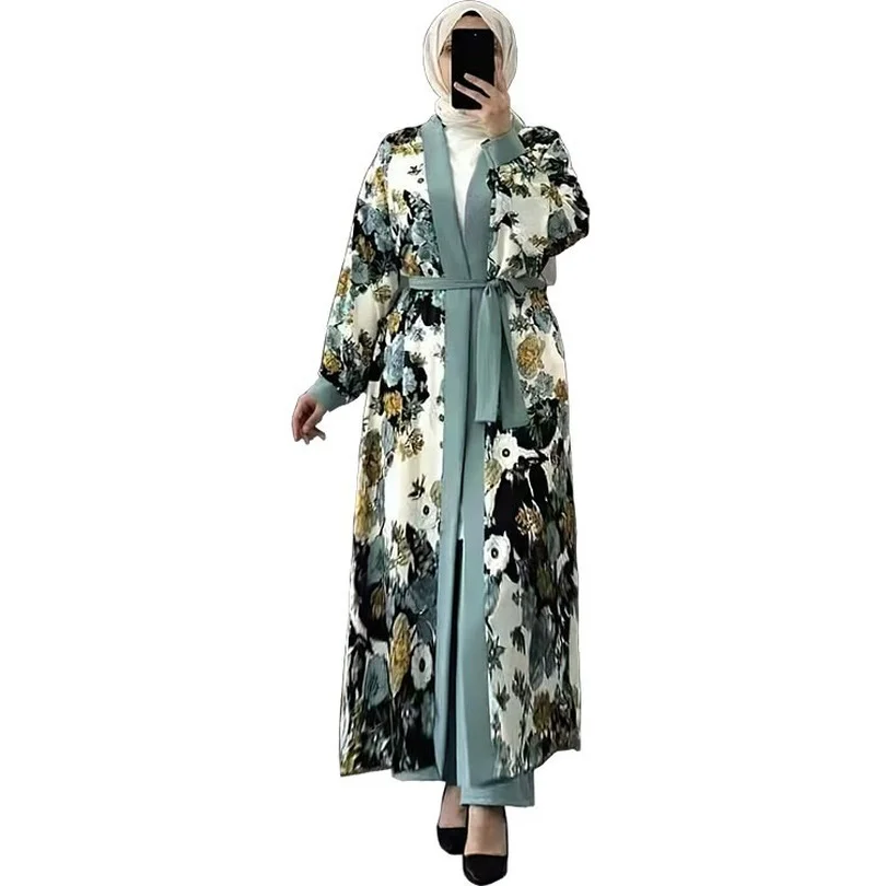 

Мусульманский открытый костюм Abaya с внутренними брюками, комплект из 3 предметов, Африканское платье для женщин, Дубайский халат, кимоно, Жен...