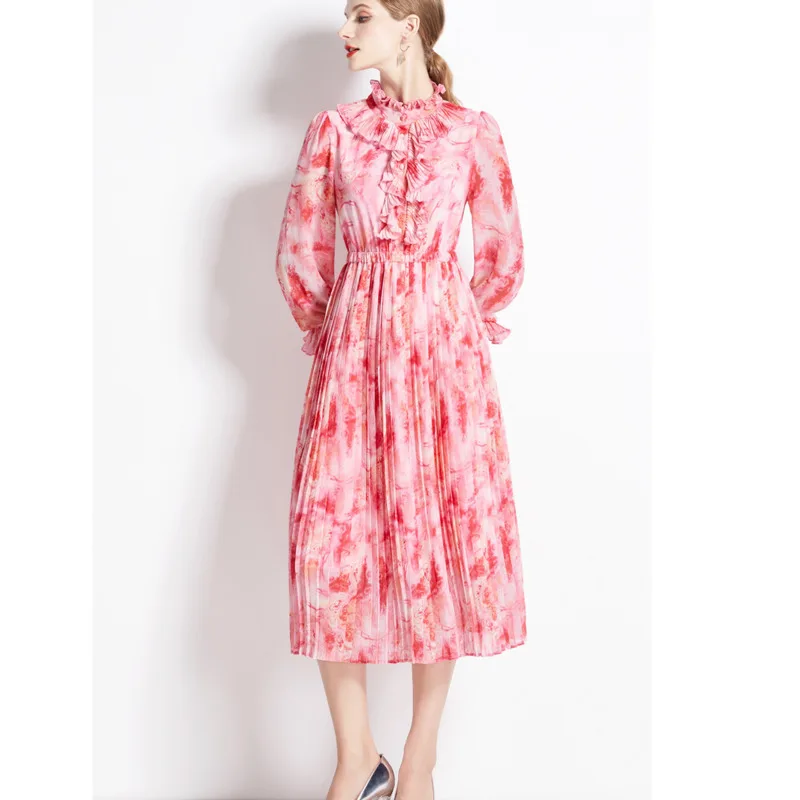 # 2338 Платье миди с рюшами и воротником-стойкой винтажное платье трапециевидной