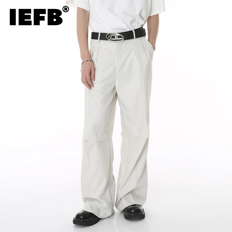

IEFB Pleated Men Casual Suit Pants Summer New Korean Style Loose Wide Leg Pants Fashion Fold Solid Clolor Spliced Trousers 9C742
