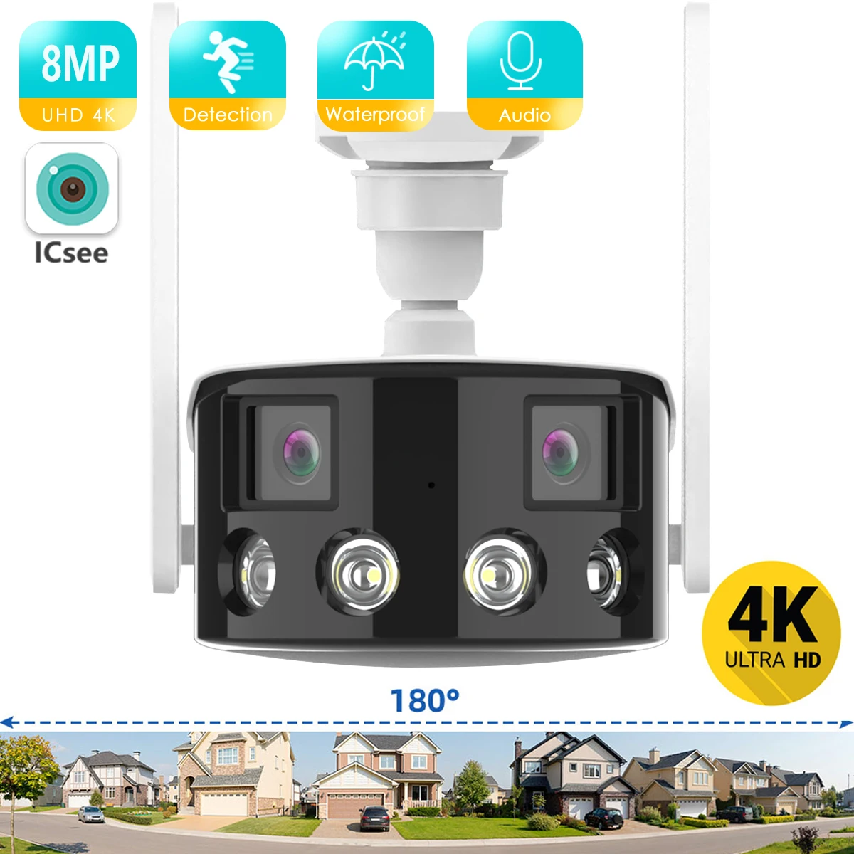 2K 4MP WIFI Dual Lens Panoramic Fixed Camera 180° Wide Viewing Angle Outdoor IP Camera 4K 8MP HD AI Human Security Camera ICsee