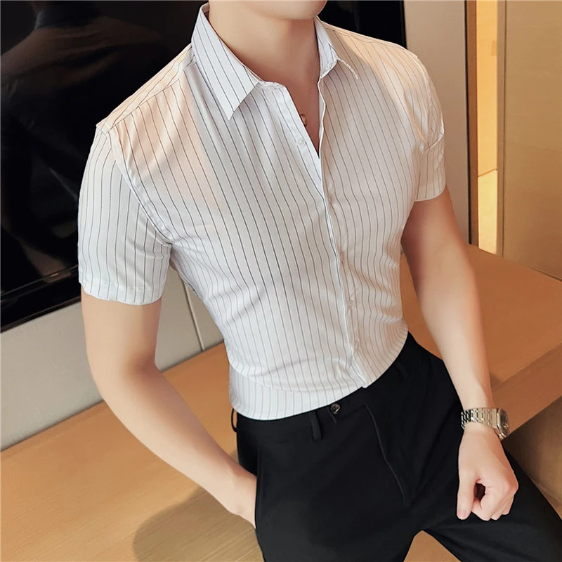 Classic Striped Men's Shirts Summer Short Sleeve Slim Casual Business Formal Dress Shirt Social Party Tuxedo Blouse Man Clothing