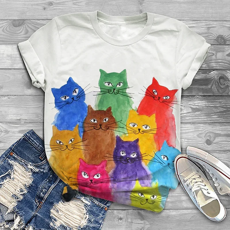 

Женская футболка с круглым вырезом, Повседневная летняя футболка с коротким рукавом и принтом кошки в стиле Харадзюку, 2023