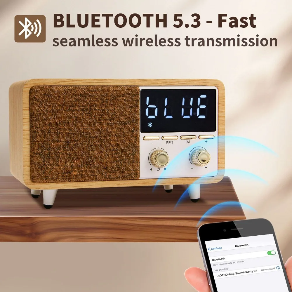 Винтажный радиоприемник с деревянным корпусом и Bluetooth-колонкой, двойной будильник, беспроводное аудио, TF, USB, FM, AUX, сабвуфер, мини-колонка для прикроватной тумбочки, декоративная звуковая система (art.: 3920dba64fe22) - 3920dba64fe22