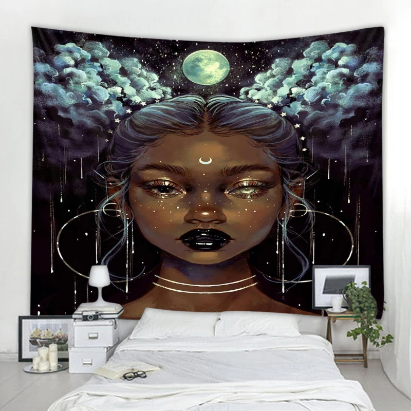 

Boho Wall Decoration Tapestry Bedroom Living Room Background Moon Goddess Black Girl Background Decorative Tapestry