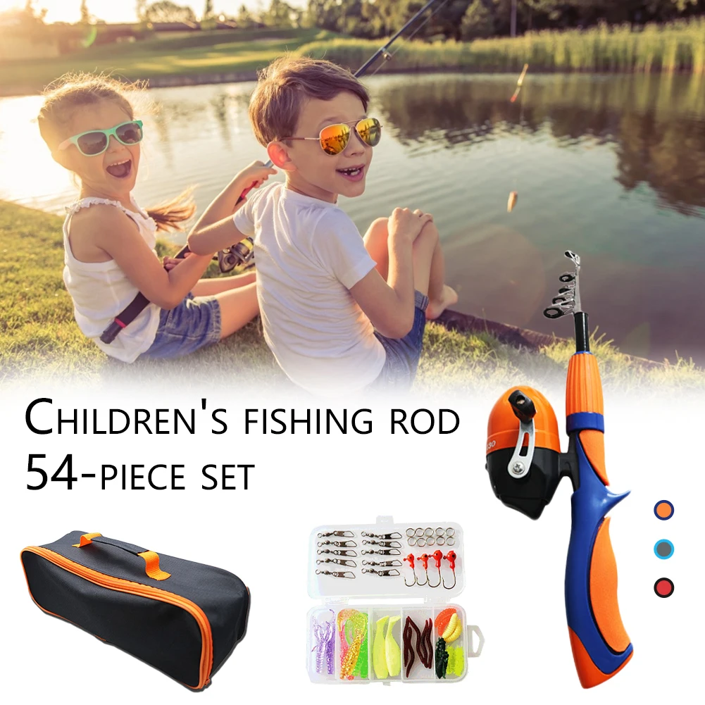 54pcs Kids Fishing Pole Set Telescopic Portable Lightweight Comfortable Grip Fishing Rod Kit With Reel Bait Box Fish Equipment