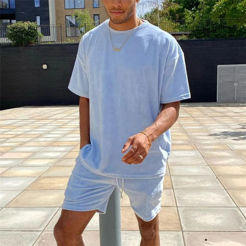 Fashion Simple Pure Color Men Two Piece Sets Casual Short Sleeve O Neck T Shirt And Shorts Suits Mens Summer Clothing Streetwear