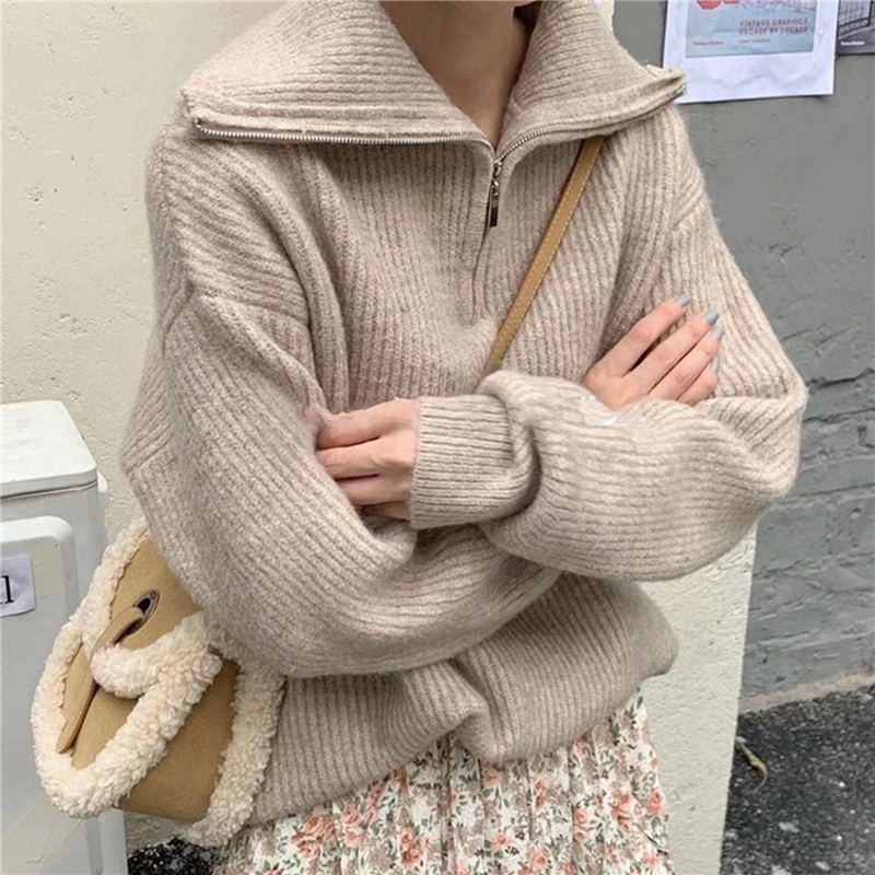 

Female Sweater Zipper Knitted Pullover Long Sleeve Solid Color Loose Women Sweaters Autumn Winter Female's Turtleneck