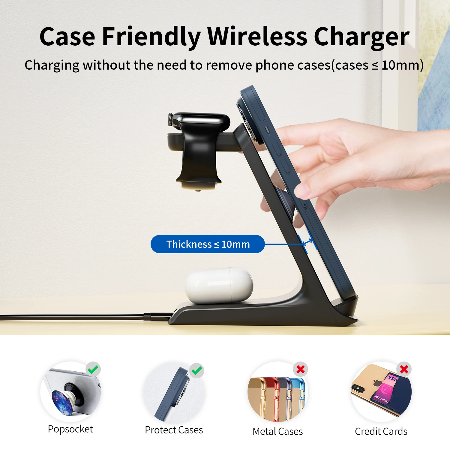 KPON 3 in 1 Wireless Charger Stand For iPhone 14 13 12 11 Apple Watch Ultra 8 7 6 5 Airpods Pro 2 3 Qi 15W Fast Charging Station 2