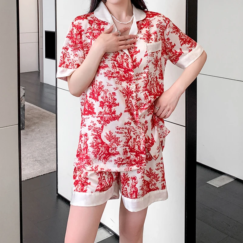 Ice Silk Pajamas Female Summer Satin Short Sleeve Shorts New Thin Home Clothes Set Outside Wear Living Clothes Free Shipping