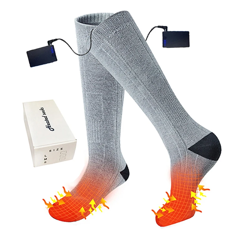 Thick outdoor ski thermal 3.7V electric rechargeable battery heated hiking coal crew socks wool hiking sock with heat for winter